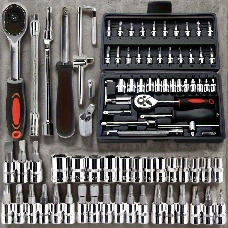 Juego de herramientas de reparación automotriz profesional, con llave de ratchet, cabeza de enchufe y destornillador, adecuado para reparación de automóviles, bicicletas y motocicletas, y juego de herramientas de jardinería negra para el hogar con caja d