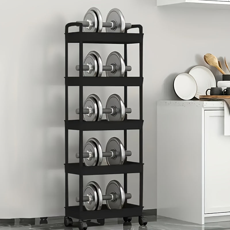 Un versátil carrito de almacenamiento de cinco niveles en blanco/negro, adecuado para organizar baños, refrigerios de cocina, almacenamiento de dormitorios y organización de juguetes, fácilmente movible y portátil.