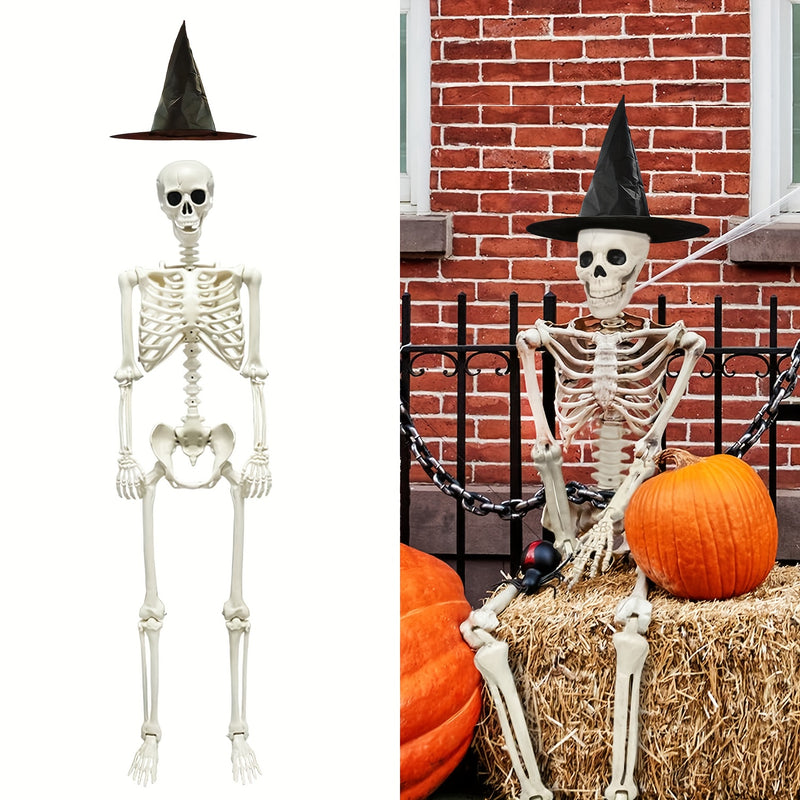 Esqueleto de tamaño real para Halloween con sombrero de bruja, esqueleto articulado de cuerpo completo de 164,59 cm para decoración, adorno de esqueleto articulado de pie de plástico para interiores y exteriores en fiestas de casa embrujada, jardín, no r