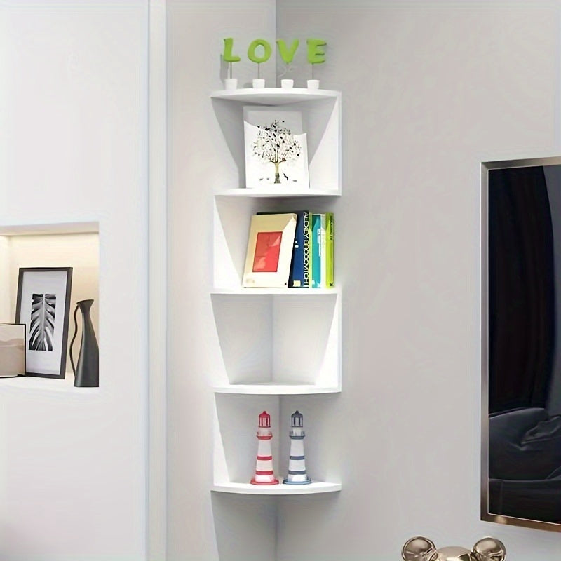 Estante de pared de esquina de 5 niveles, madera compuesta duradera, diseño que ahorra espacio, montaje de pared sin taladro, ideal para uso doméstico y de retail, estantes para pared, exhibición de retail, unidad de estantería de madera, clasificación d
