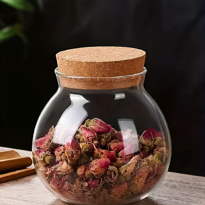 Tarro de Almacenamiento de Vidrio Hermético con Tapa de Corcho - Libre de BPA, Contenedor Redondo Multiusos para Té, Snacks y Más - Organizador de Cocina Fácil de Limpiar