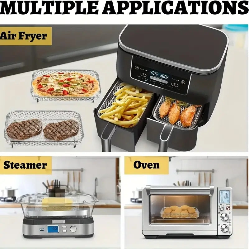 Canasta de Acero Inoxidable para Freidora de Aire, Rejilla Multifuncional Rectangular para Horno y Microondas, Herramienta de Cocina Apilable Segura para Alimentos, Compatible con la Mayoría de las Freidoras de Aire, Ideal para Pollo Frito Crujiente, Pap