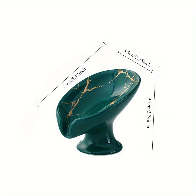 Soporte para Jabón de Cerámica de 1 Pieza - Diseño con Efecto Mármol en Forma de V y Agujeros de Drenaje, Organizador Blanco y Dorado para Encimera de Baño para Almacenamiento en la Ducha y el Lavabo