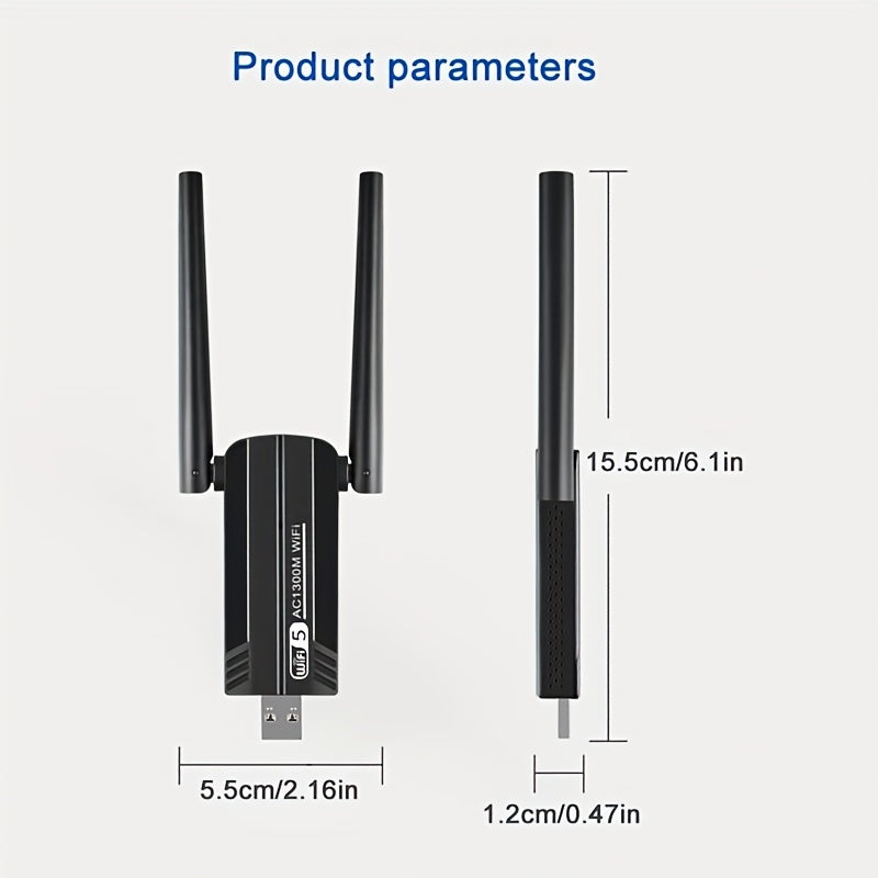 Tarjeta de Red Inalámbrica USB, Banda Doble 1300Mbps 2.4GHz/400Mbps y 5.8GHz/867Mbps, Antena Dual Alta Ganancia 5dBi, 802.11AC USB 3.0