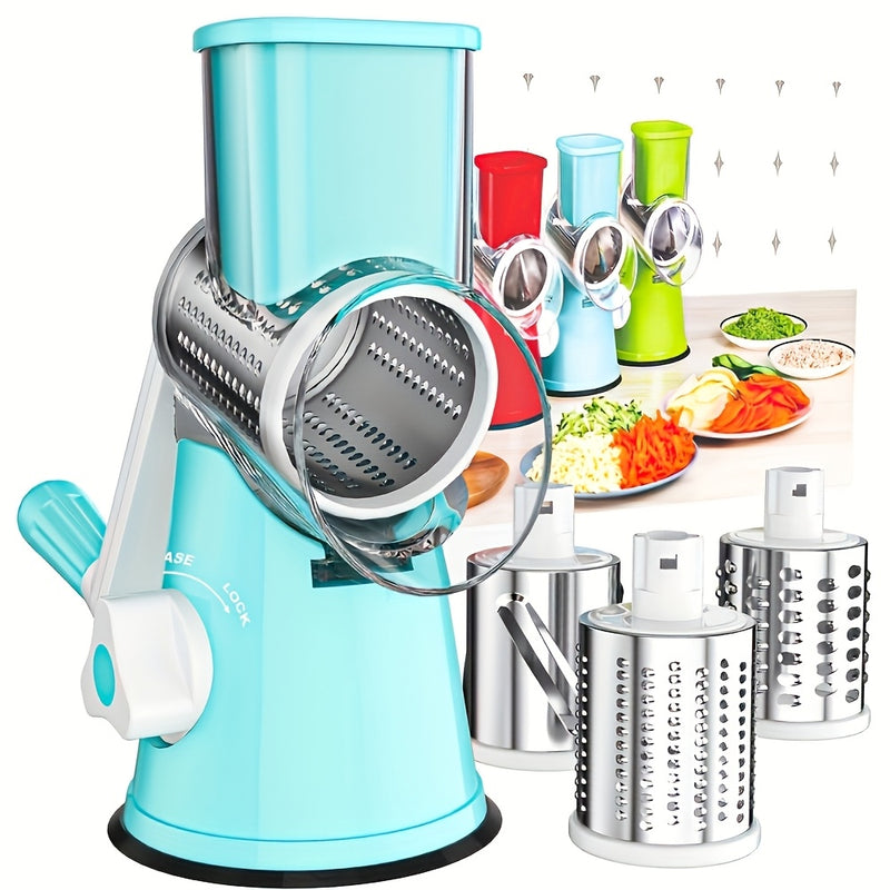 Rallador Manual Multifuncional 3 en 1 para Queso y Verduras con Mango - Plástico Duradero Antioxido, Fácil de Limpiar, Ideal para Cocina, Camping y Autocaravanas - Incluye 3 Ruedas Intercambiables