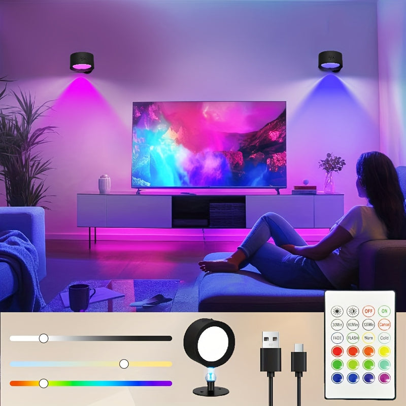 GVTCO 2pcs/1pc Luz LED de Pared, Lámpara Mural RGBW Inalámbrica con Rotación 360°, Sin Necesidad de Taladrar, Batería 120mAh, Control Remoto - Regulable para Iluminación Nocturna en Mesitas de Noche, Lectura y Decoración de Dormitorio
