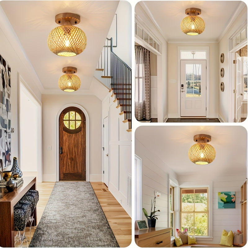 1pc Lámpara de techo de bambú tejida a mano - Estilo Bohemio, Eficiente en energía con base E26, Ideal para salón, dormitorio, cocina, pasillo, Iluminación de cocina | Iluminación de estilo bohemio | Lámpara de techo tejida a mano