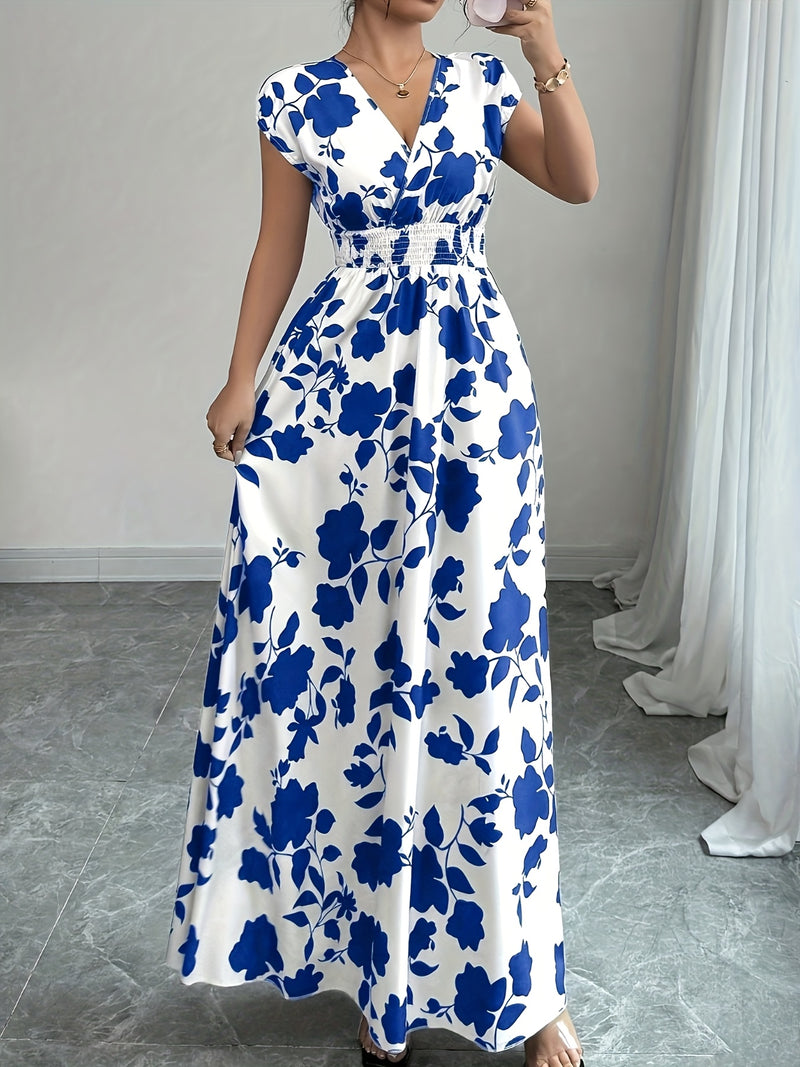 Elegante vestido largo de flores rosas con cuello en V y mangas cortas - Silueta de línea A que fluye, cintura ceñida, perfecto para primavera/otoño, ropa casual a formal, ropa elegante casual | Vestido con estampado floral | Diseño de cintura ceñida
