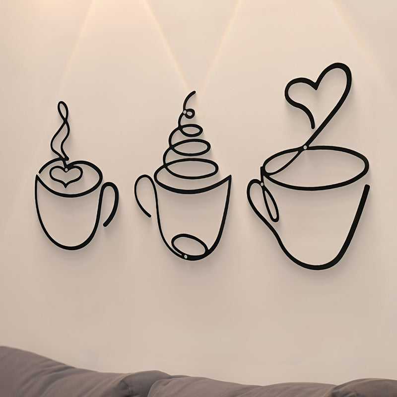1 taza de café de metal negro moderno, escultura de patrón gráfico, decoración de tema cultural para pared para salón, restaurante, fondo de habitación, uso interior - Arte de hierro de lujo colgado en la pared
