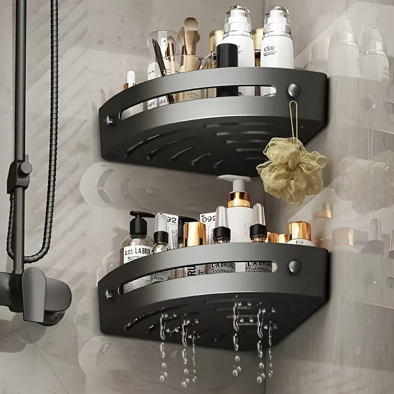 2 piezas de estantes de ducha de esquina adhesivos sin taladrar - Organizador de pared para champú, jabón y artículos de tocador, estante de almacenamiento de baño que ahorra espacio con acabado negro elegante, soporte de artículos de tocador, estética m