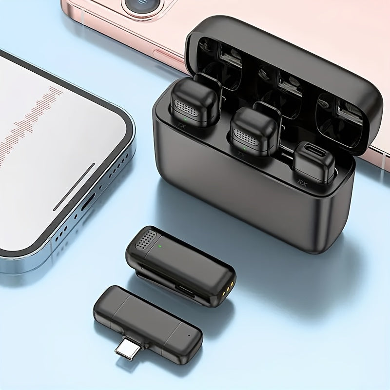 Pack de 2 Micrófonos Inalámbricos con Clip para Cuello y Base de Carga con Pantalla Digital, Compatible con iPhone y Otros Dispositivos Android