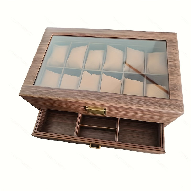 Organizador de relojes y joyas de lujo de 12 ranuras con tapa de vidrio - Almacenamiento de doble capa para relojes, anillos, gafas de moda - Ideal para hombres, mujeres, parejas - Regalo perfecto para bodas, cumpleaños, Pascua, Día del Padre - Resistent