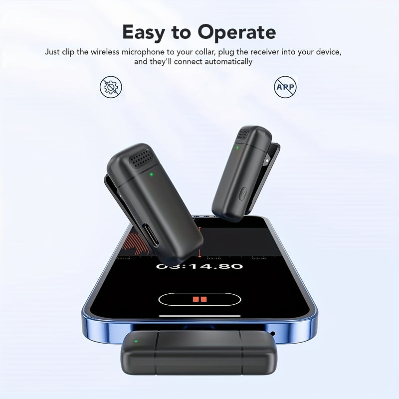 Microfono sin varillas Inteligente con Cancelación de Ruido 2.4Ghz Beebop, Diseño Antiviento y Pantalla Digital, Incluye Estuche de Carga (2 Unidades), Ideal para Vlogging, Reuniones, Aprendizaje y Grabación de Videos Cortos