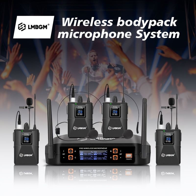Sistema de micrófono inalámbrico LMBGM Pro 4 canales 4 Bodypacks Lavalier 4 Micrófonos de solapa 4 Auriculares para sistema de karaoke Iglesia Hablando Conferencia Boda Fiesta.