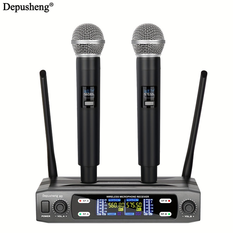 DEPUSHENG micrófono sin varillas profesional de dos canales portátil y manual, receptor sin varillas para KTV, familia, reuniones, canciones en vivo y actuaciones