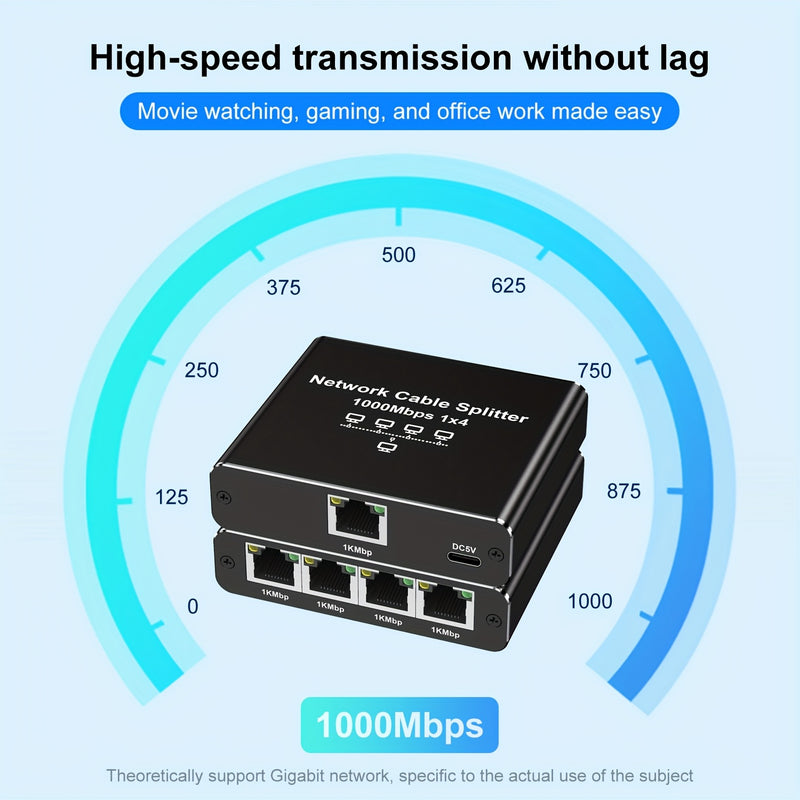 Divisor de Ethernet Gigabit de alta velocidad 1 a 4, 1000 Mbps, alimentado por USB, distribuidor de cable de red, extensión LAN RJ45 para cables Cat8/7/6/5e/5, control fácil con botón, plug and play