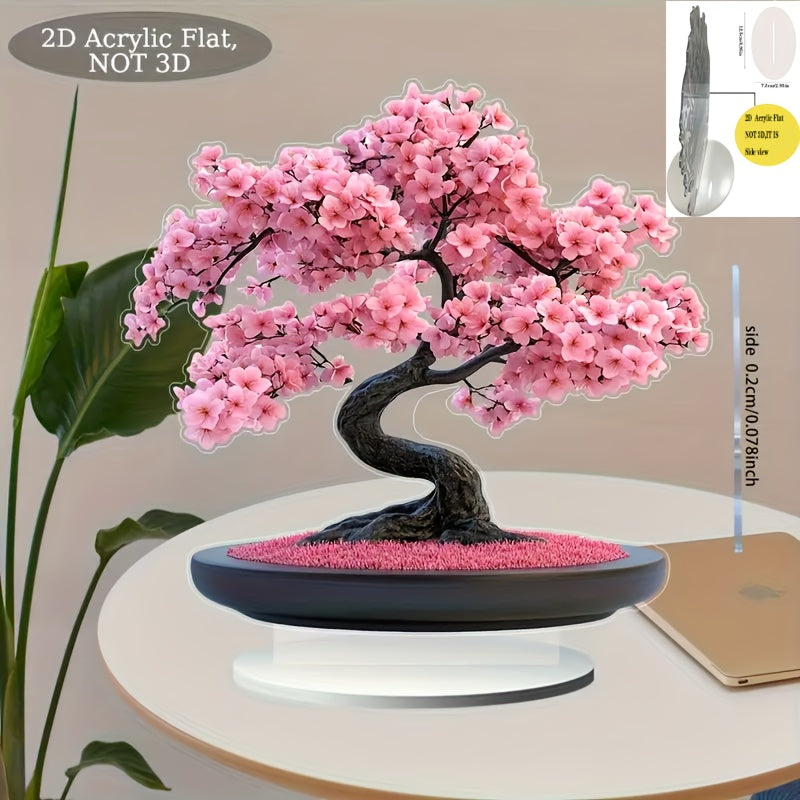 Árbol de Cerezo Acrílico 2D Plano - Tronco y Flores Rosas Vibrantes, Regalo para San Valentín, Decoración de Escritorio para Hogar/Oficina, Arte Floral Contemporáneo, Sin Montaje Necesario