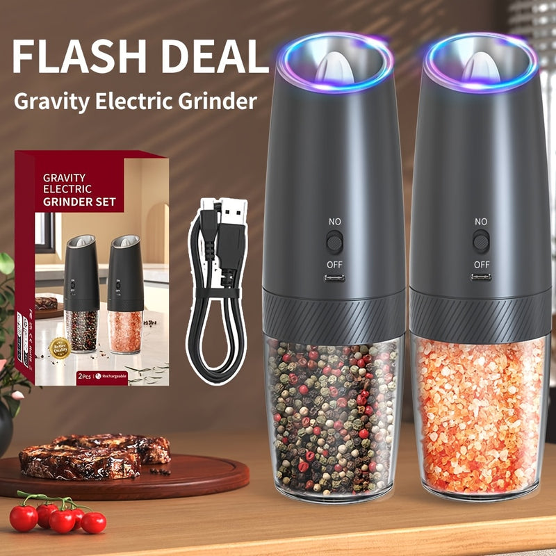 1pc/2piezas Molinillo de pimienta eléctrico con sensor de gravedad Recargable Modelo Molinillo de pimienta automático Molinillo de pimienta automático Sal de mar Sal de rosas Molinillo de gran capacidad Almacén de alimentos con luz LED Herramienta esenci
