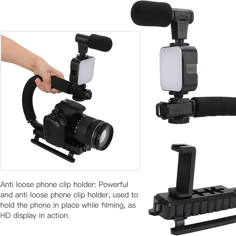 Equipo de Grabación y Videografía Portátil Multifunción con Micrófono Capcitorio Manual, Estabilizador, Soporte para Zapata Caliente con Luz de Relleno LED para Teléfono Móvil, Cámara SLR, Equipo de Grabación de Audio y Vídeo para Entrevistas en Vivo, Po