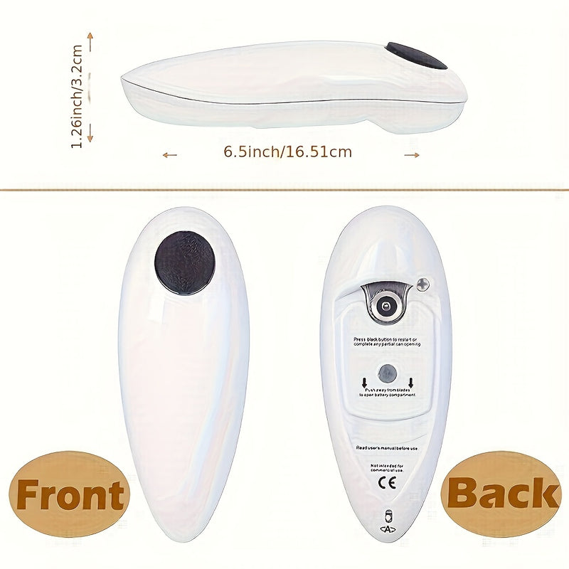 Abrelatas eléctrico, diseño compacto sin cable, requiere 2 pilas AA (no incluidas), voltaje de funcionamiento ≤36V, material ABS con bordes suaves para seguridad y apagado automático, ideal para personas mayores, uso en cocina y camping