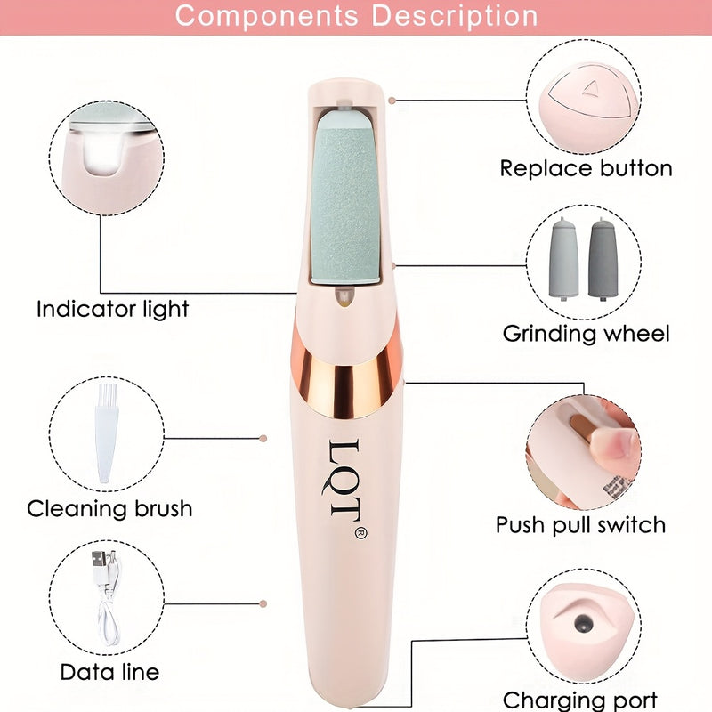 Removedor de Pies Eléctrico Recargable USB LQT - Exfoliador Portátil Inalámbrico con Batería de 300mAh, Herramienta Sin Aroma para el Cuidado de los Pies sin Dolor para Uso en Casa, Rosa Brillante/Blanco, Diseño Elegante, Acabado Suave, Para Aficionados