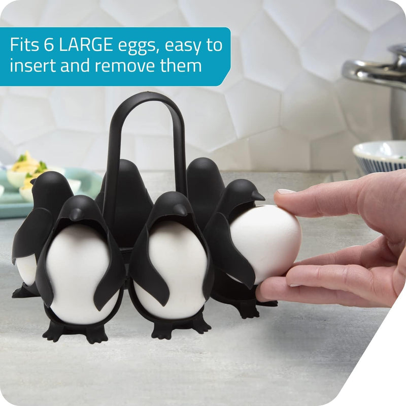 Soporte de huevo en forma de pingüino que cocina, almacena y sirve huevos, diseñado para hacer huevos duros o blandos, que puede acomodar 6 huevos para una cocción y refrigeración convenientes.