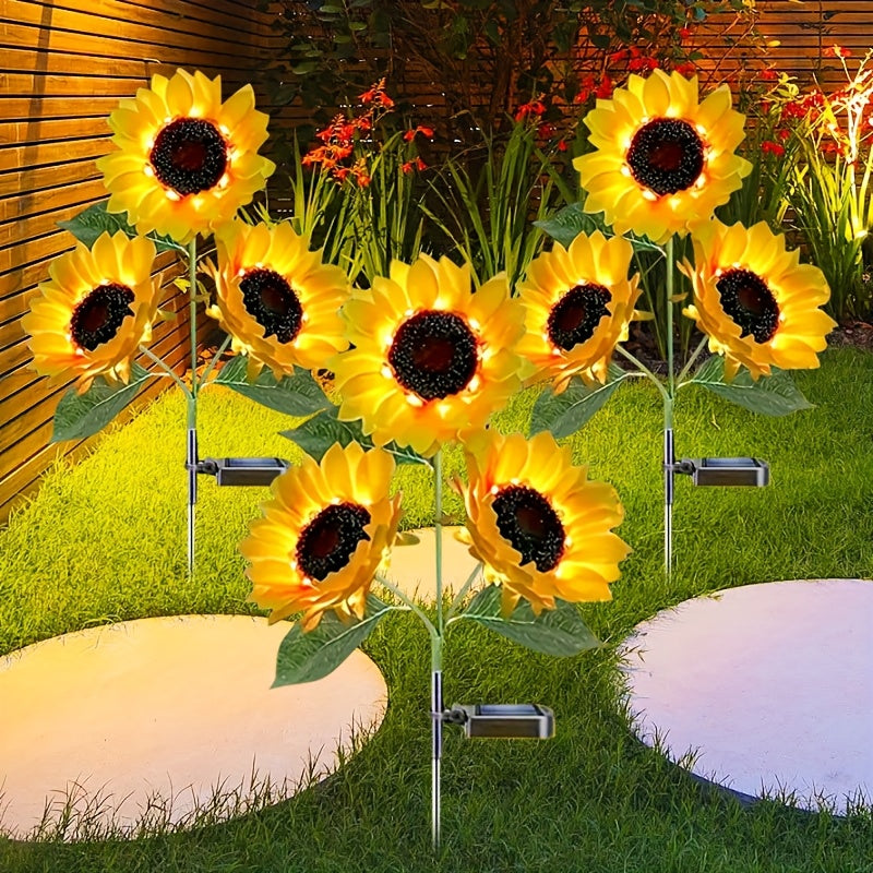 Luces de decoración de girasoles para exteriores, luz solar de girasoles para insertar en el suelo, luces de paisaje de girasoles amarillos en el suelo, luces de decoración de jardín de flores solares.