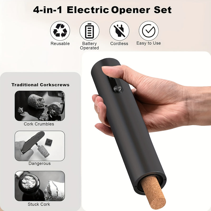 Juego de Abrebotellas Eléctrico Automático de 5 Piezas, Cortador de Papel Aluminio, Tapones y Base de Almacenamiento - Funciona con Batería Seca, Requiere 4 Pilas AAA (No Incluidas) - Corcho para Mantenimiento del Vacío Fresco, Vertedor, Juego de Vajilla