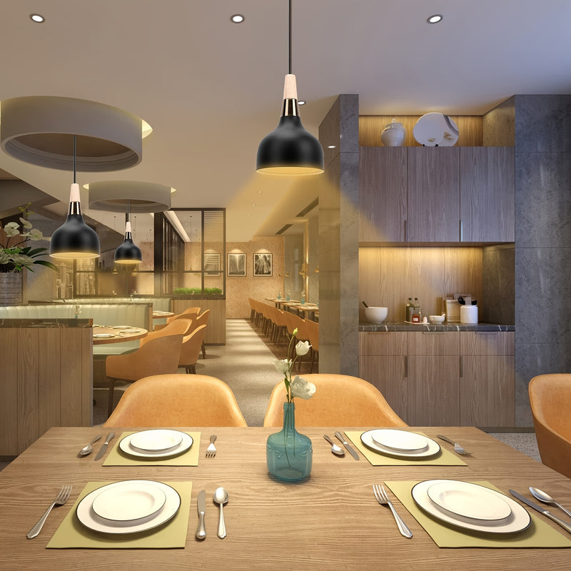 Lámpara colgante moderna de metal negro con domo de madera - Altura ajustable, montaje semiempotrado, candelabro desmontable para isla de cocina, comedor, pasillo, vestíbulo, dormitorio - No incluye bombilla, iluminación de cocina | Acabado metálico eleg