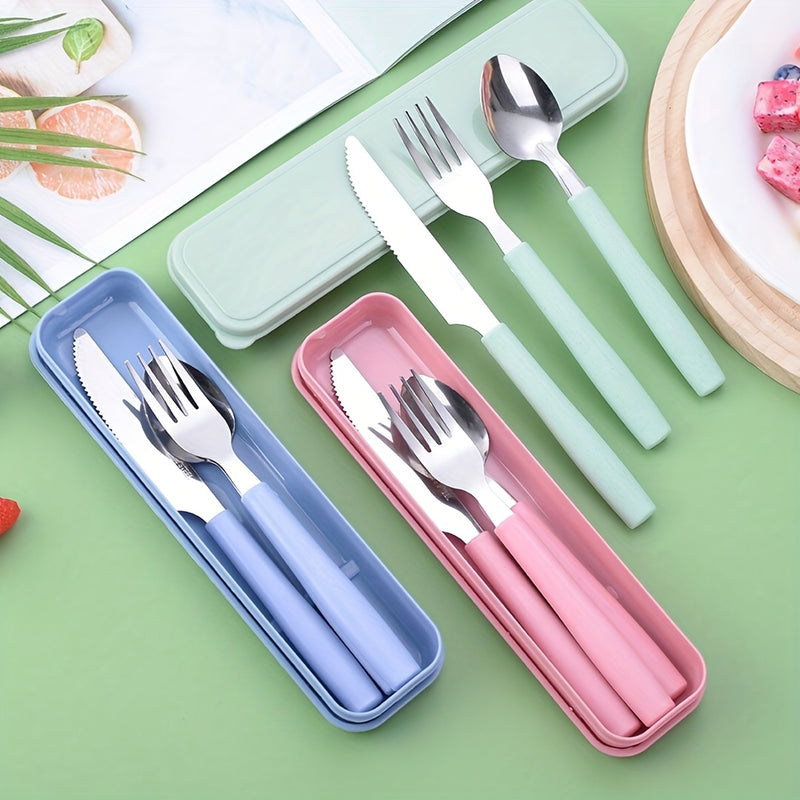 3 piezas de juego de cubiertos de viaje portátil de acero inoxidable, incluyendo cuchillo, tenedor, cuchara - Perfecto para oficina, escuela, picnic, camping y actividades al aire libre - Más adecuado para estudiantes y amigos pequeños con almacenamiento