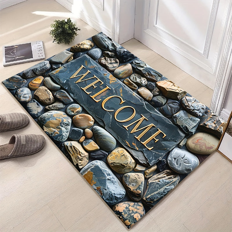 Tapete elegante de bienvenida con diseño de piedras en 2D, rectangular de poliéster de 6 mm de grosor, estampado de piedra, antideslizante, lavable a máquina, ideal para entrada, sala, baño o balcón, decoración artística de lujo para interiores