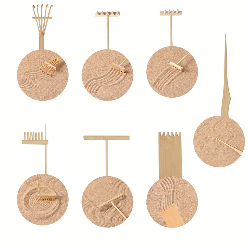 Juego de 7 Piezas de Rastrillo Mini Jardín Zen, Rastrillo de Bambú para Jardines Zen, Kit de Caja de Arena y Rocas de Escritorio, Herramientas y Accesorios Mini Jardín Zen, Accesorios para Caja de Arena Japonesa, Rastrillo de Jardinería, Ideal para Medit