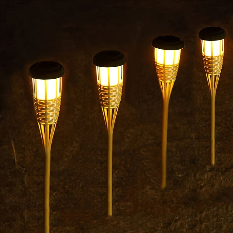 Lámpara solar de bambú con 12 luces LED en forma de llama real, ideal para caminos, jardines y parques, luz solar para exteriores, diseño de llama, batería recargable con energía solar