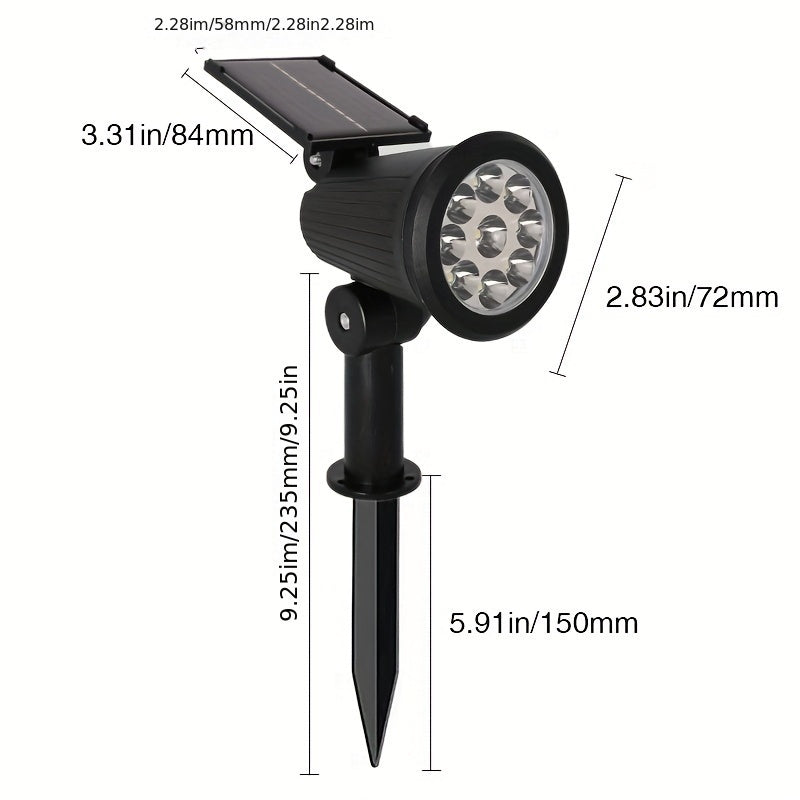 Focos LED solares para jardín, 1 unidad de luz LED de 9 LED de bajo consumo con sensor de luz, montaje semi empotrado de material de acrilonitrilo butadieno estireno, acabado pulido, desmontable, forma de foco, adorno de cristal, batería de litio con car