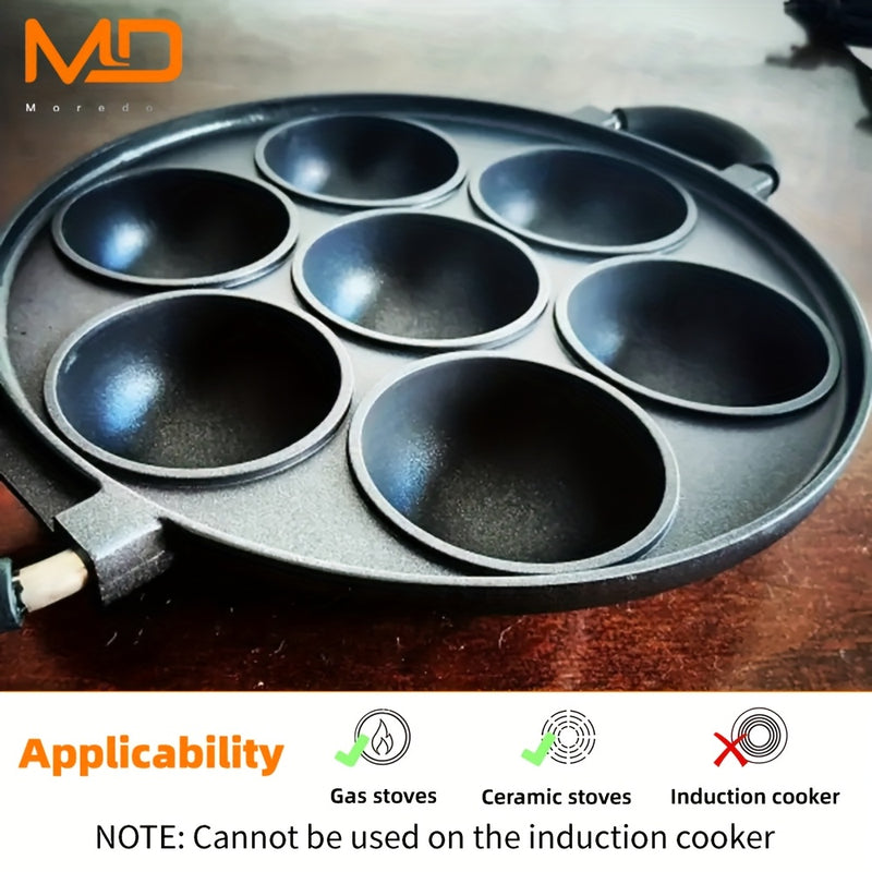 MOREDOR Sartén Antiadherente de 7 Agujeros con Molde para Pasteles de Aleación de Aluminio y Mango Ergonómico, Fácil Limpieza y Diseño Ahorrador de Espacio para Cocina en Casa, Actividades al Aire Libre, Panqueques, Empanadas