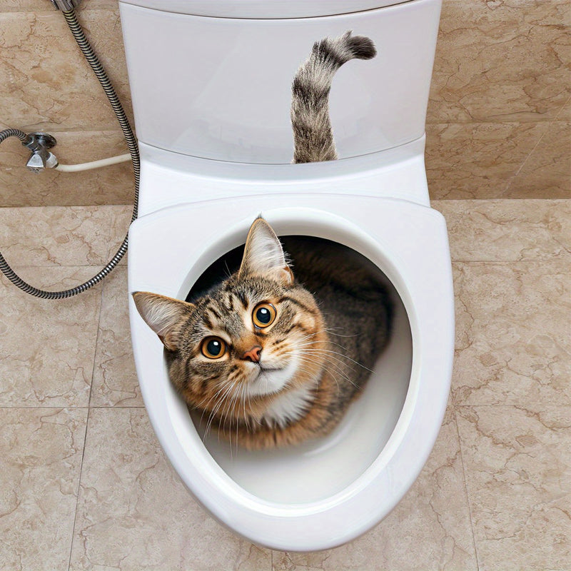 Gato divertido en el inodoro, adhesivo autoadhesivo para baño, diseño de animal rectangular, decoración de baño para el hogar, uso único.