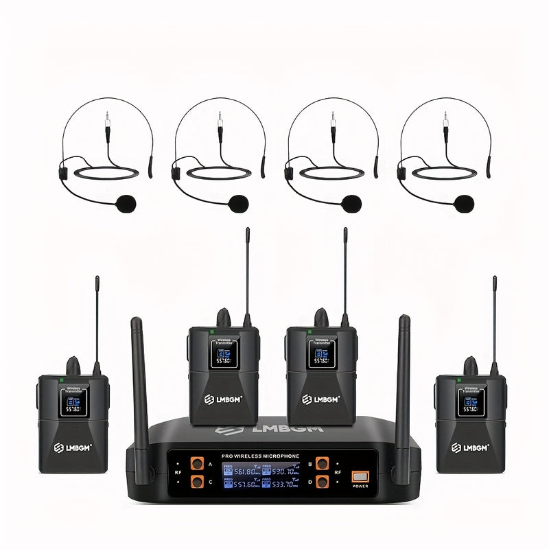 Sistema de micrófono inalámbrico LMBGM Pro 4 canales 4 Bodypacks Lavalier 4 Micrófonos de solapa 4 Auriculares para sistema de karaoke Iglesia Hablando Conferencia Boda Fiesta.