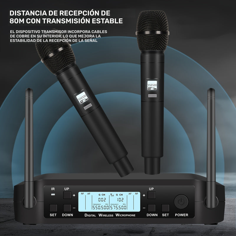 Micrófono de rendimiento profesional de 200 canales para escenario, banda, estudio, músicos, 2 micrófonos de mano, adecuado para el sistema inalámbrico de doble canal UHF D4-200