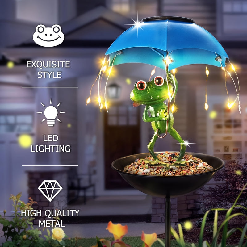 Estatua de rana solar CYCG con luz de calle y comedero de pájaros - Decoración de jardín al aire libre con luces de cuerda LED, construcción de hierro resistente al tiempo, brillo ajustable para patio, césped, terraza - Batería de níquel duradera, sin co
