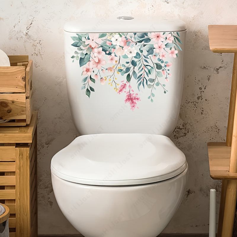 Cubierta decorativa floral para asiento de inodoro, autoadhesiva de PVC, reutilizable, con diseño de flores rosadas y durazno en tapa blanca, decoración para baño