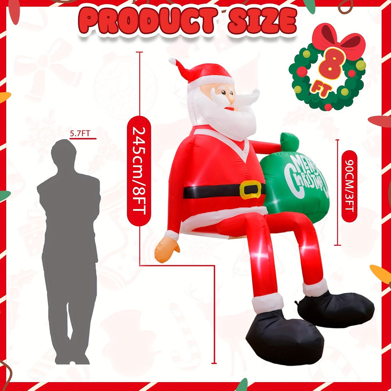 Papá Noel inflable en el techo con bolsa verde decoración de jardín, tema de vacaciones de Navidad, material de poliuretano, con luces LED, para montaje en techo, alimentado por enchufe de 120V EE. UU.