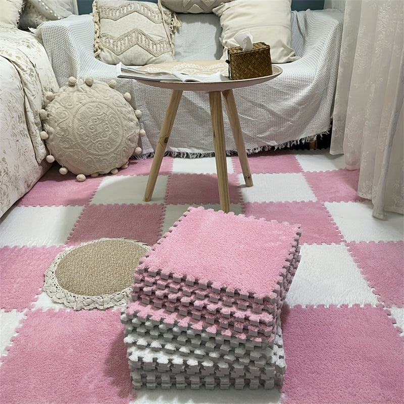 12 piezas de juego de baldosas de alfombra de felpa entrelazadas, alfombras cuadradas lavables de EVA y poliéster para dormitorio, sala de estar y lados del dormitorio, alfombra de área grande, 29,97x29,97 cm