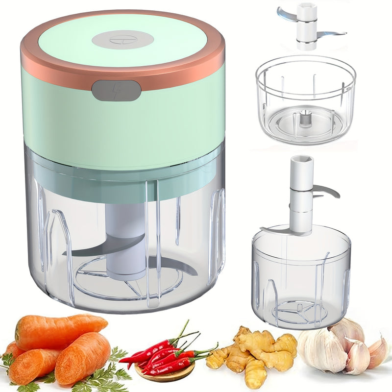 FLZH Procesador de Alimentos Eléctrico Mini Compacto de 8.45oz y Picadora de Carne con 3 Cuchillas de Acero Inoxidable, Recargable por USB, 1200 RPM - Diseño Verde Claro y Naranja, Ideal para Verduras, Frutas y Carnes, FLZH