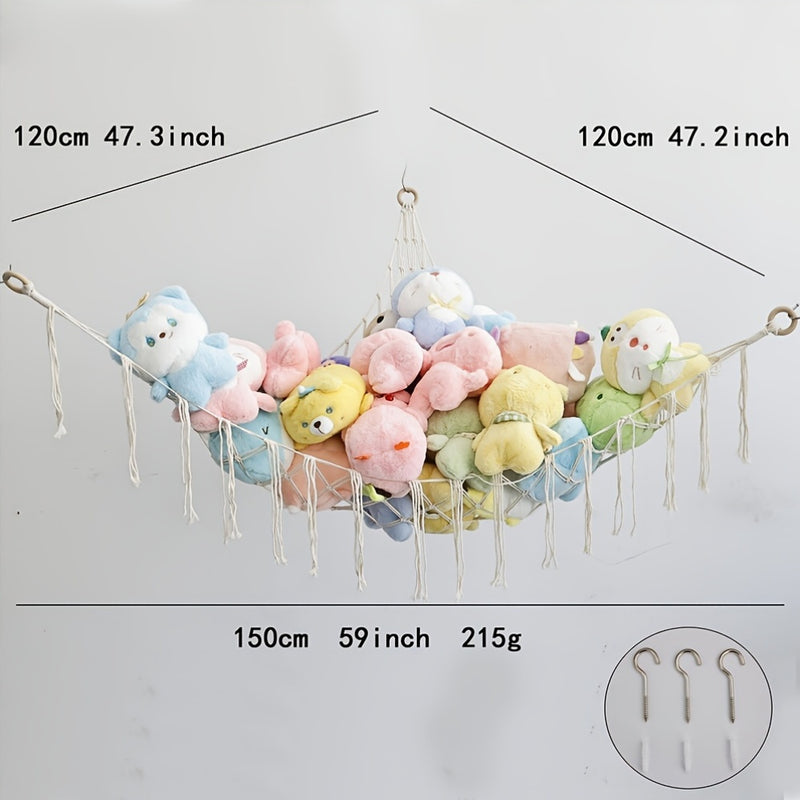 Hamaca colgante de almacenamiento tejida a mano con cuerda de peluche para juguetes de pedestal