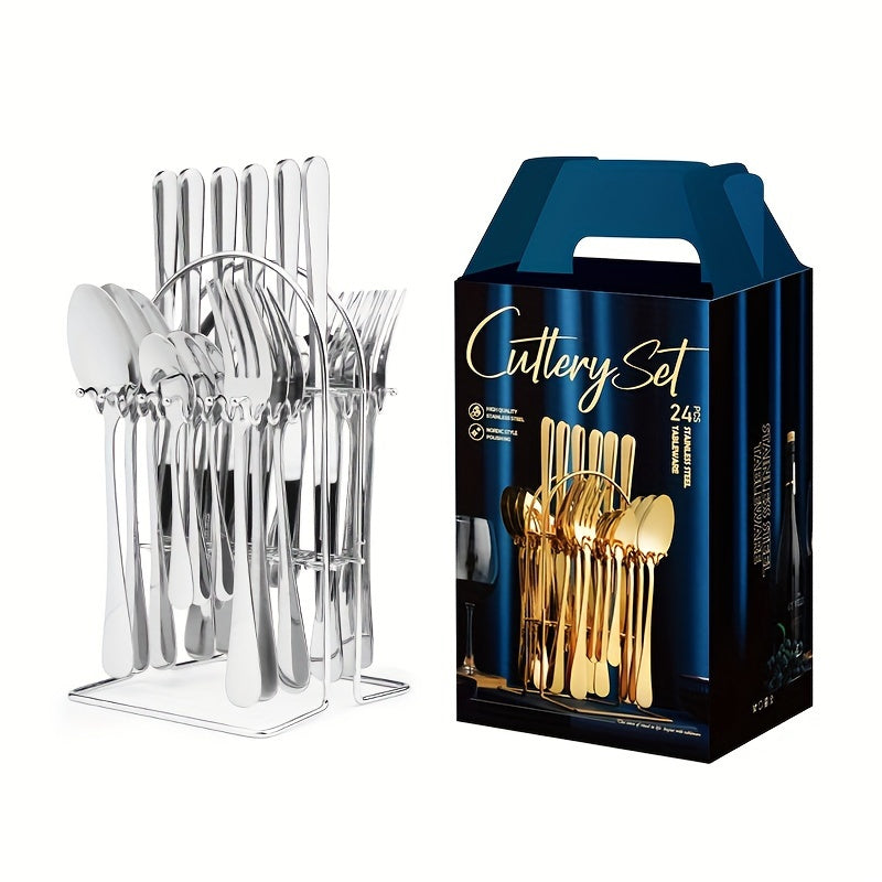 Juego de Cubiertos de Acero Inoxidable Dorado de 24 Piezas con Elegante Soporte Metálico - Incluye Cuchillos para Bistec, Tenedores y Tenedores para Postres, Cucharas - Perfecto para el Hogar, Restaurante, Fiesta, Boda