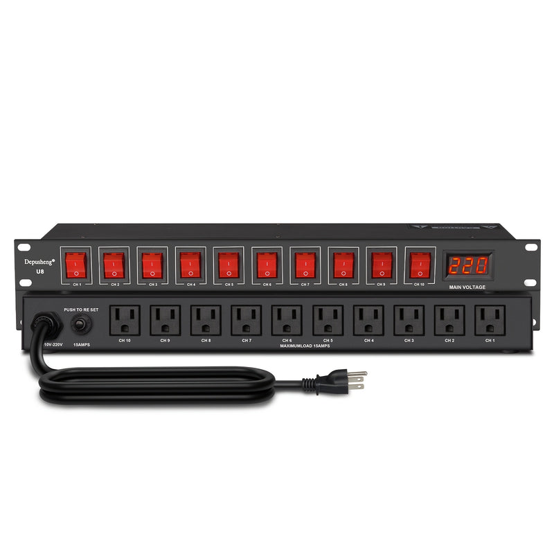 DEPUSHENG 10 enchufes de secuencia de energía y protección contra sobretensiones con pantalla LCD - 220V AC 60Hz, interruptores independientes, protección contra sobrecarga para escenario, estudio, cine en casa, protección de equipo de escenario, acabado