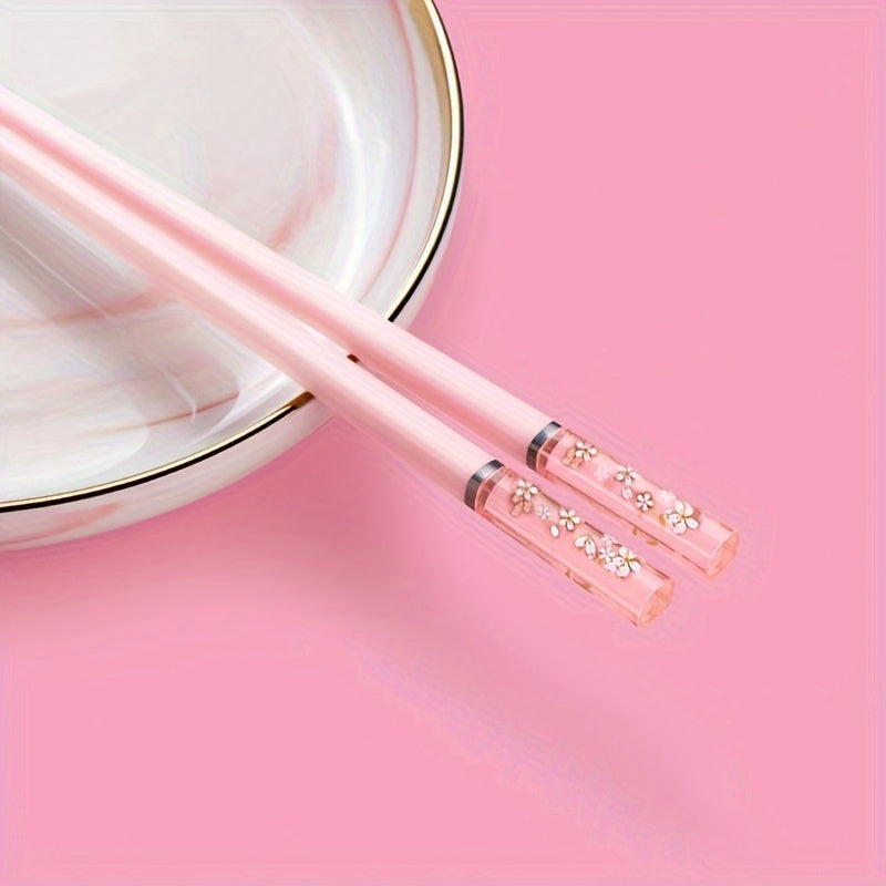 1/ 5 Pares De Palillos De Aleación Rosa Con Cereza Ámbar, Reutilizables Para Comidas En Casa, Vajilla De Estilo Chino Y Coreano, Comida Rápida, Fideos, Palillos De Sushi, Palillos De Ramen