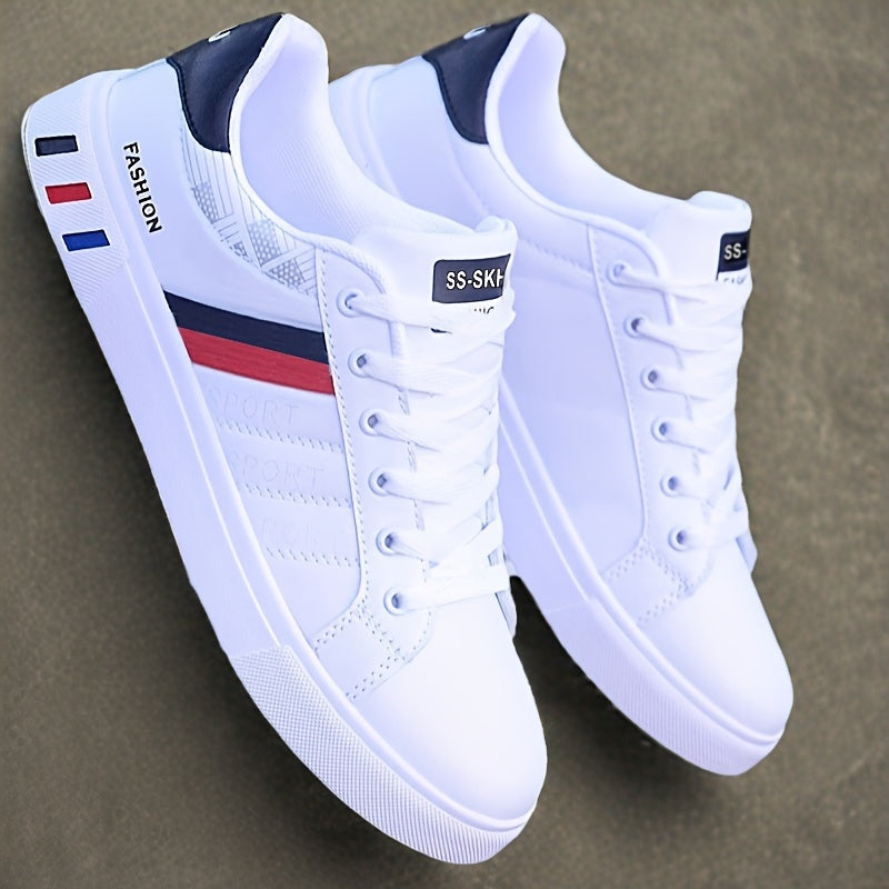 Zapatillas de skate de hombre KOONEXY - Blanco y azul marino, con cordones y detalles rojos, parte superior de falso tejido transpirable, suela de PVC duradera, diseño de punta redonda para uso casual y formal, zapatos de skate, calzado casual, elegantes