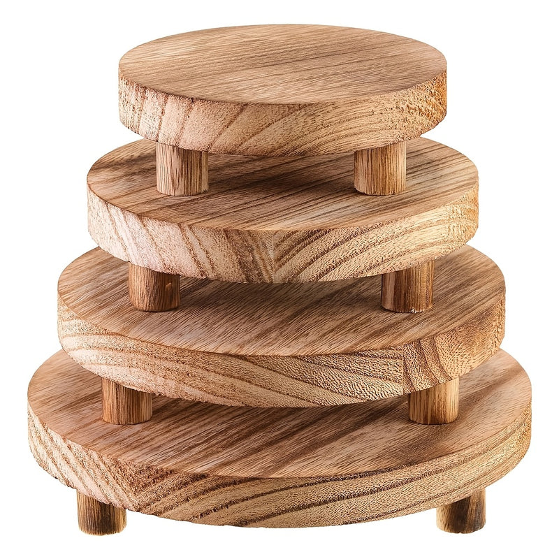 Soporte de Exhibición de Madera para Escritorio de 4 Piezas, Base de Madera para Exhibición, Soporte Redondo Mini, Antiguo de Madera, Utilizado para Decoración de Bandejas Superpuestas, Adecuado para Cocina de Hogar, 4 Tamaños
