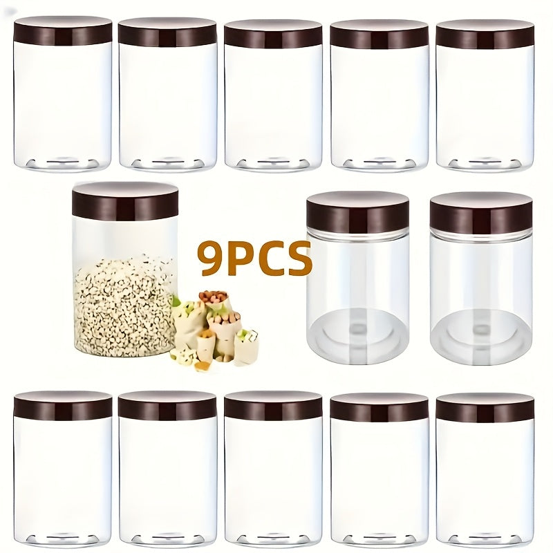 9 piezas de 16 onzas de frascos de plástico transparente con tapas marrones - Diseño con rosca y hermético para frutas secas, miel, nueces y más - Incluye etiquetas y bolígrafo, ideal para almacenamiento de cocina, accesorios para frascos de mason